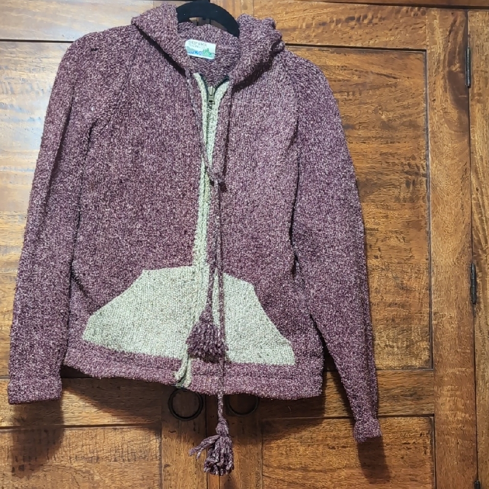 Cozy Maroon and Grey/Beige Women's Cardigan Handknit In Equador - Picture 1 of 4